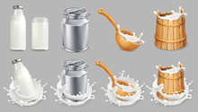 Milk Can And Splash. Natural Dairy Products. 3d Vector Icon Set