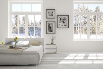 White bedroom with winter landscape in window. Scandinavian interior design. 3D illustration