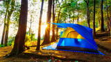 Fototapeta  - Camping tent on top of mountain in the morning