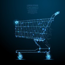 Abstract Image Of A Shopping Cart In The Form Of A Starry Sky Or Space, Consisting Of Points, Lines, And Shapes In The Form Of Planets, Stars And The Universe. Vector Business