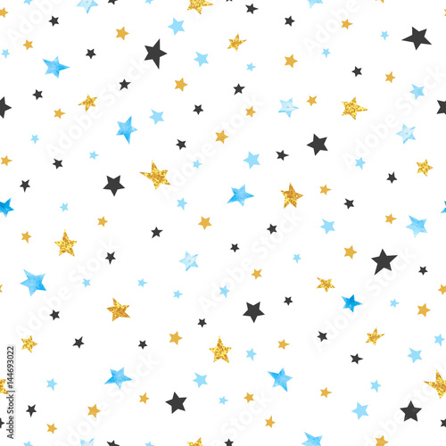 Seamless stars pattern. Vector celebration background in blue, black and gold...