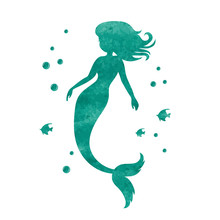 Watercolor Mermaid Silhouette. Vector Illustration. 