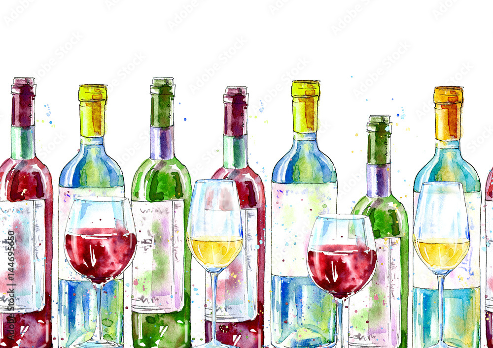 Seamless border of a wine and glass. Painting of a alcohol drink  .Watercolor hand drawn illustration.White background. Stock Illustration |  Adobe Stock