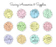 Sewing accessories and supplies line icon set with colorful circle and cross-stitch decorative elements. Sewing machine, overlock, centimeter tape, buttons, hole punch. Vector illustration.