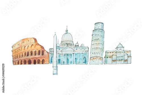 Fotografia Famous Italian landmarks travel and tourism waercolor illustration