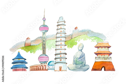 Famous Chinese landmarks travel and tourism waercolor illustration Fototapeta