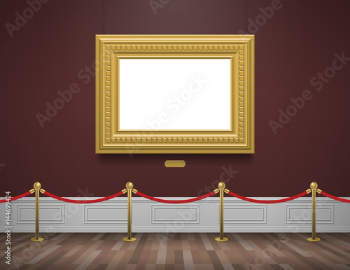 Fotografie, Obraz classic museum gallery interior with golden frame and rope barrier