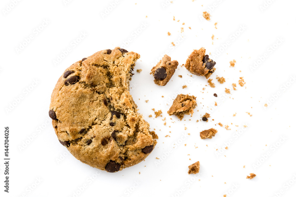 Chocolate chip cookies and crumbs isolated on white background.Top view
 - obrazy, fototapety, plakaty 