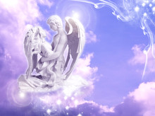 A Male Angel And A Female Angel Or Archangel In Embrace Over Purple Mystical Sky With Stars With Copy Space 