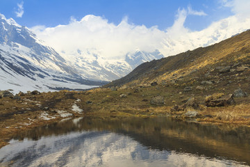 Wall Mural - Himalaya Annapurna snow mountain range with reflection on pond, Nepal