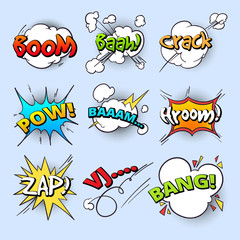 Wall Mural - cartoon speech bubbles, explode bang sound with comic text elements vector collection
