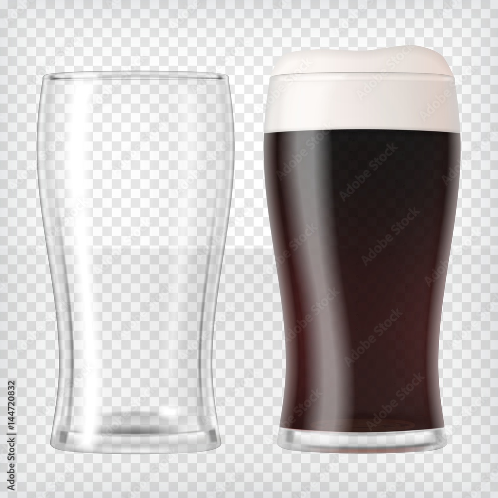 Realistic beer glasses - dark beer and empty mug - obrazy, fototapety, plakaty 