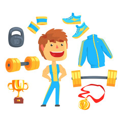 Sticker - Bodybuilder, muscular man set for label design. Sports equipment for bodybuilding. Colorful cartoon detailed Illustrations