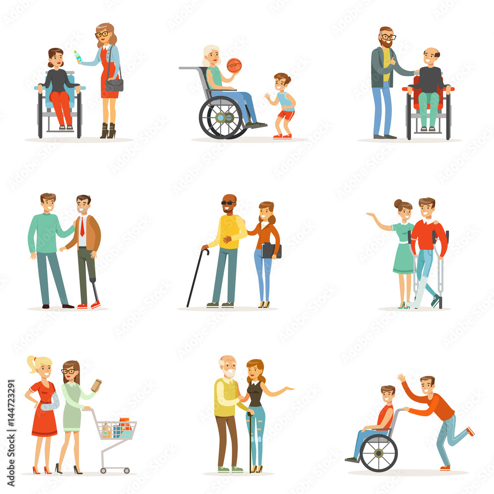 Disabled people and friends helping them set for label design. Cartoon  detailed colorful Illustrations Stock Vector | Adobe Stock, image size:1000x1000