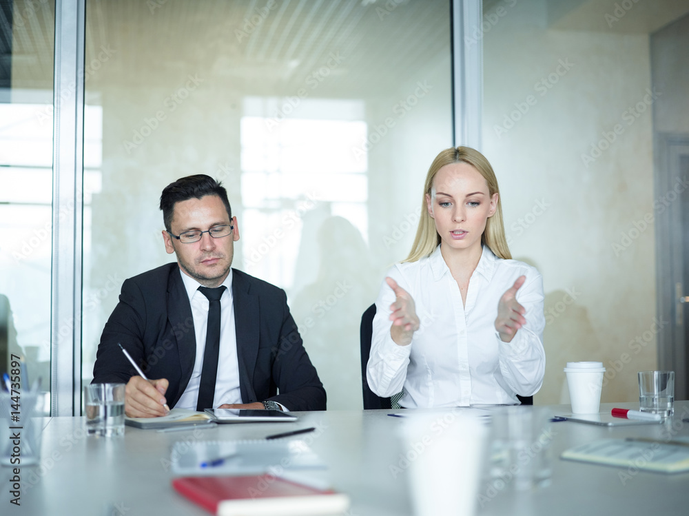 Portrait of two business people in meeting: man and woman sitting at ...