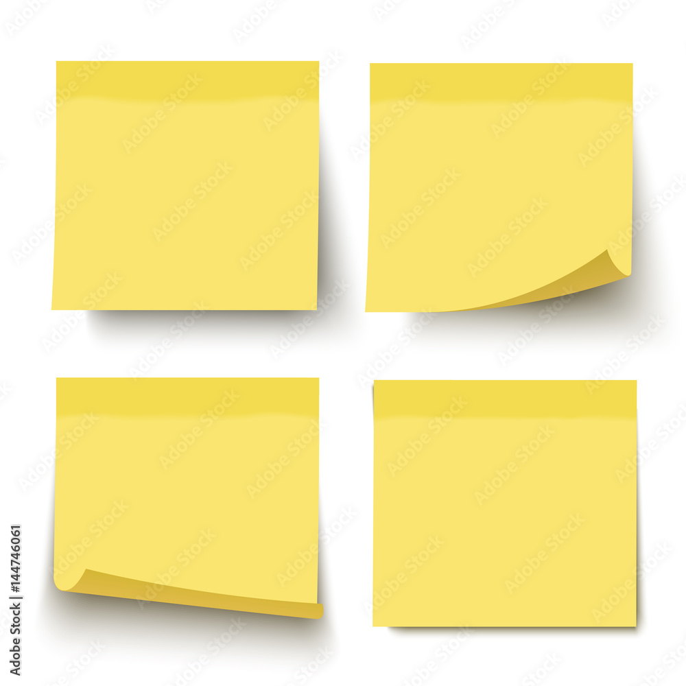 Yellow sticky notes. Vector illustration isolated on white background. Sticky note set with curled corners and shadows.