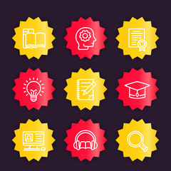 education, learning linear icons, vector badges set