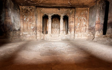 Light Inside The Historical Hall Of 6th Century Cave Hindu Temples, Architecture Landmark In Aihole, India