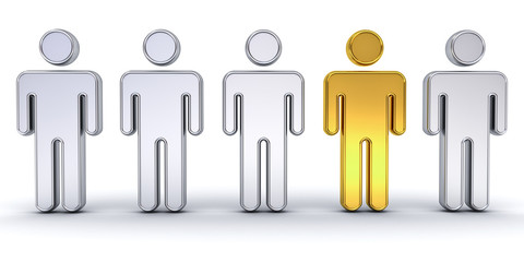 Fototapete - One gold man standing out from the crowd , individuality and different creative idea concept isolated over white background with shadow. 3D rendering.