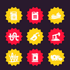 Sticker - Petroleum industry icons set, gas station, gasoline, oil production platform, petrol canister, barrel, petroleum pipeline