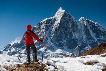 Poster - Trekker in Khumbu valley on a way to Everest Base camp