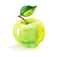 Green Apple With Leaf, Watercolor Illustration On White Background