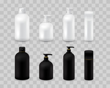 Blank Cosmetic Package Collection Set Isolated On Transparent Checkered. Realistic Cosmetic Bottle Mock Up Set. Shampoo And Cream Pack. Black And White Color.