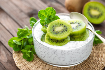 Sticker - Fresh kiwi yogurt with fruits and chia seeds, healthy breakfast