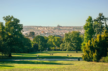 Panoramic View Of Prague From Park Overlooking The City. Riegrovy Sady
