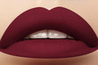 © marinafrost - Cosmetics, makeup. Bright lipstick on lips. Closeup of beautiful female mouth with dark red lip makeup. Part of face