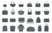 Set Of Icons Of Bags And Luggage. Various Types Of Bags Ranging From Elegant, Sports, Business And Travel Bags.