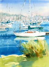 Watercolor White Sailing Boat In The Dock Hand Painted Nautical Illustration