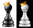 Chess piece Pawn with golden crown, two versions - white and black. Vector illustration.