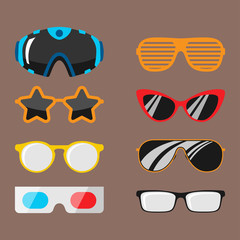 Poster - Fashion set sunglasses accessory sun spectacles plastic frame modern eyeglasses vector illustration.