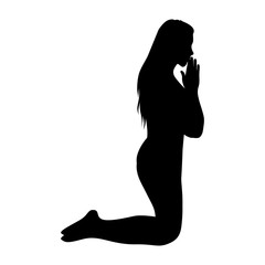 black silhouette of woman praying on knees vector illustration