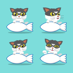 Wall Mural - Set of cartoon character cat with fish sign