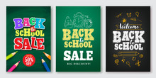 Back To School Sale Vector Set Of Poster And Banner With Colorful Title And Elements In Black And Green Background For Retail Marketing Promotion And Education Related. Vector Illustration.
