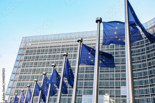 Foto European flags on the background of the European Parliament
