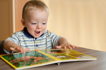 baby boy is looking at animal book. little toddler is excited by it. child concept.