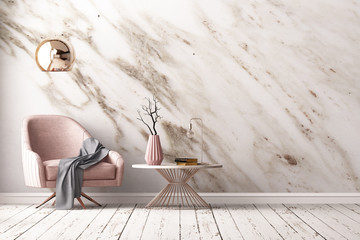 Wall Mural - Interior with armchair and a table on a background of a marble wall, 3d render, 3d illustration