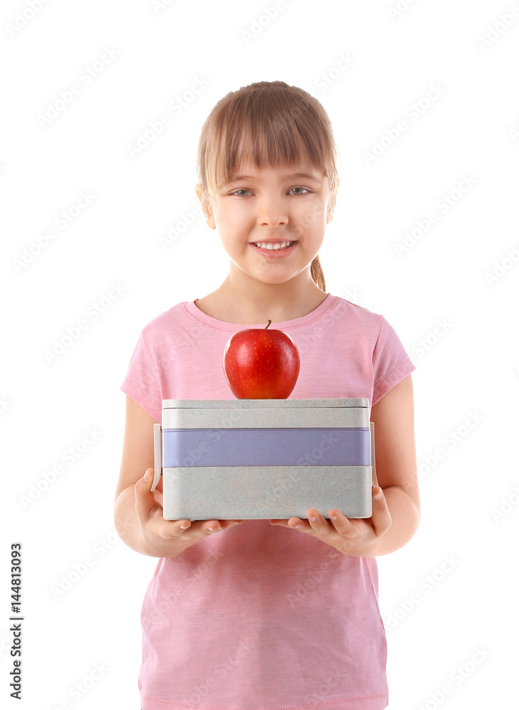Happy schoolgirl with lunch box and apple on white background