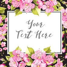 Spring Card With Sakura Flowers Containes Calligraphic Your Text Here Sign Isolated Over White Background. Vector Illustration.