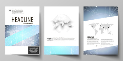 The vector illustration of editable layout of three A4 format modern covers design templates for brochure, magazine, flyer, booklet. Polygonal texture. Global connections, futuristic geometric concept