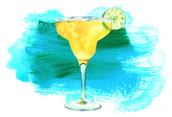 Wall Mural - Watercolour Margarita cocktail with textured stain and copyspace