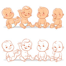 Cute Little Babies In Diaper Sitting Together. Happy Children. Girls And Boys Smiling Waving Hands. Vector Illustration Isolated On White Background.