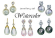 Watercolor illustration earrings with precious stones - pearls, diamonds or crystals. A set of hand-drawn jewelry