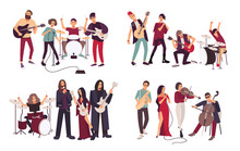 Different Musical Bands. Indie, Metal, Punk Rock, Jazz, Cabaret. Young Artists, Musicians Singing And Playing Music Instruments. Colorful Flat Illustration Set.