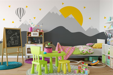 Wall Mural - mock up wall in child room interior. Interior scandinavian style. 3d rendering, 3d illustration