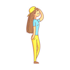 Poster - Girl with long hair touching her head suffering a painful headache. Colorful cartoon character