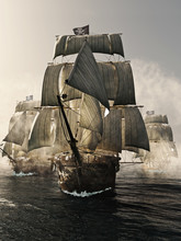 Front View Of A Pirate Ship Fleet Piercing Through The Fog. 3d Rendering